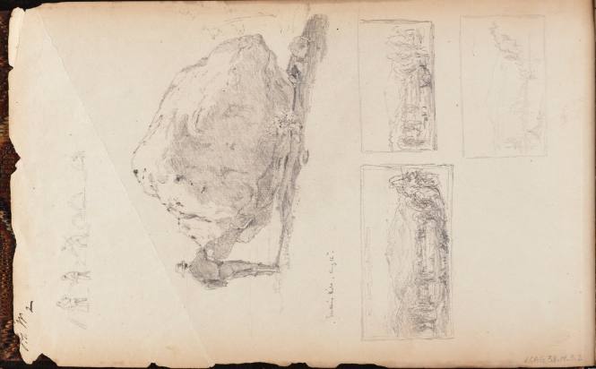 A sketch of farmers working; a sketch of a man resting against a boulder, August 12, 1859; and three compositional landscape studies, from the Nova Scotia and New Hampshire Subjects Sketchbook