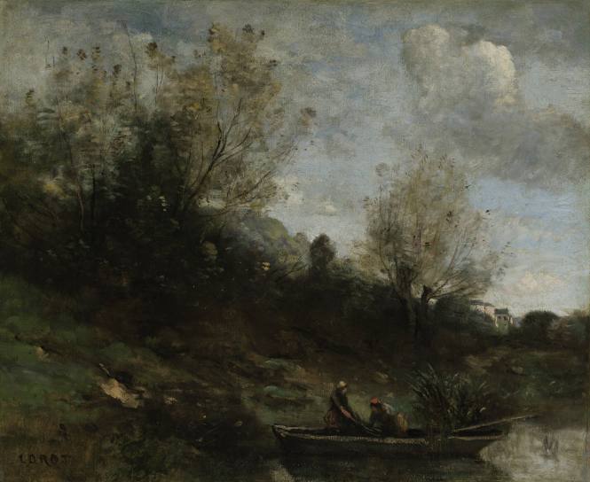 Pecheurs en barque au bord de la rive