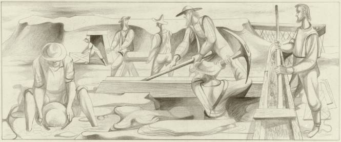 Gold Rush, competition sketch for Rincon Annex, Post Office, San Francisco, California