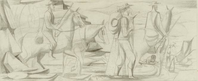 Overland Trek Westward,competition sketch for Rincon Annex, Post Office, San Francisco, California