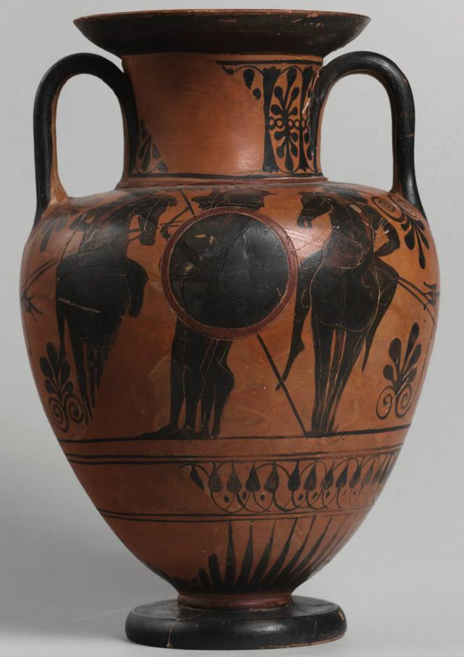 Attic black-figure amphora; (a) two warriors flanked by two mounted warriors; (b) male figure in mantle flanked by warriors with shields