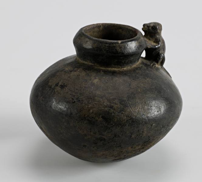 Vessel of globular form with a monkey on shoulder