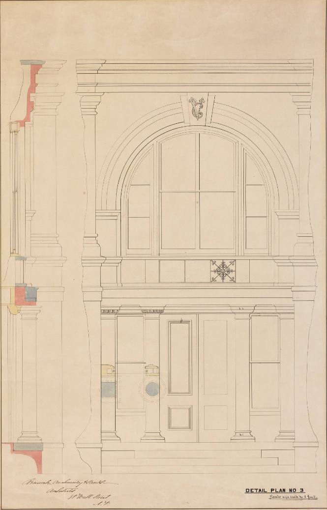 Drawing no. 3, elevation of front door, Main Building