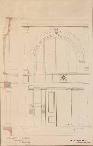 Drawing no. 3, elevation of front door, Main Building