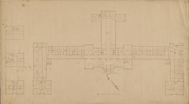 Plan of principal floor, Main Builiding, with smaller plans of second, third, and attic floors on left side of drawing