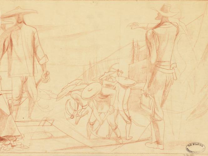 Chinese Railroad Workers, detail sketch for mural Building the Union Pacific for Rincon Annex Post Office, San Francisco, California