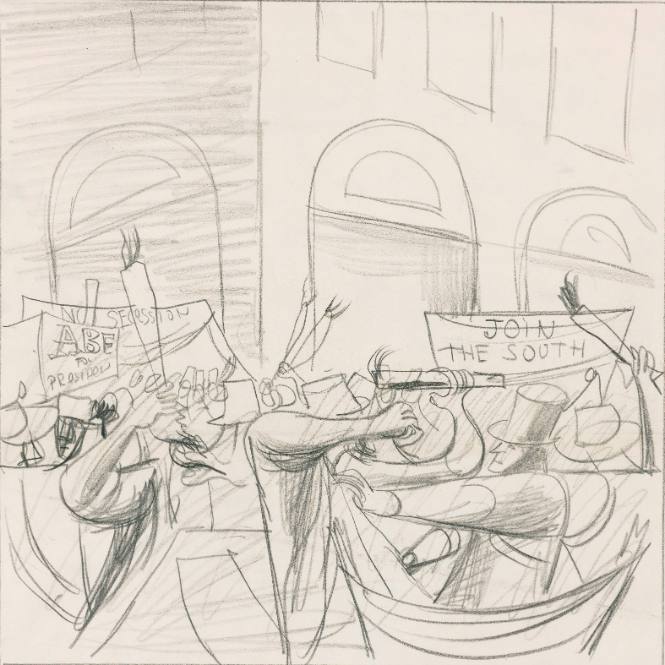 Struggles between Pro Southerners and Pro Northerners during Civil War, New design for panel #21 (Cable Cars), pencil sketch for mural Slave Issue for Rincon Annex, Post Office, San Francisco, California