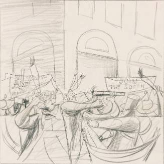 Struggles between Pro Southerners and Pro Northerners during Civil War, New design for panel #21 (Cable Cars), pencil sketch for mural Slave Issue for Rincon Annex, Post Office, San Francisco, California