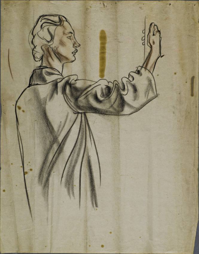 Untitled (Woman standing side ways holding a pole.)