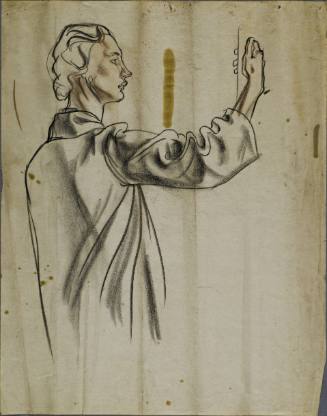 Untitled (Woman standing side ways holding a pole.)