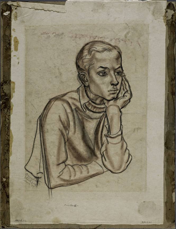 Untitled (Boy sitting, from waist up, head leaning on left hand. Three quarter profile.)