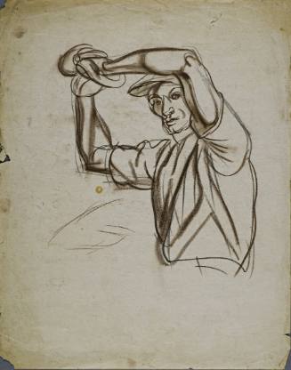 Untitled (Young man three quarter profile from waist up. He is wearing a baseball uniform, with mitt in hand, throwing a ball.)