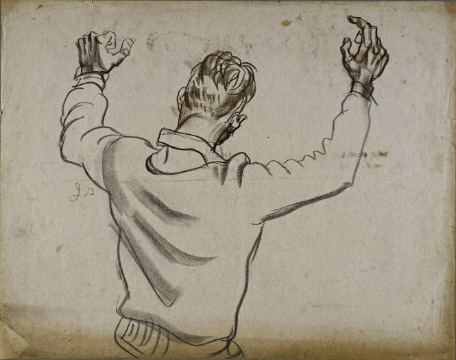 Untitled (Back of a young boy with both arms extended up.)