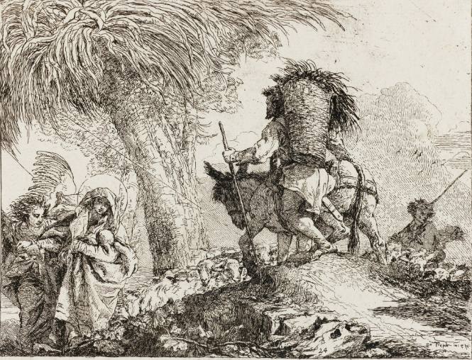 The Flight into Egypt, Joseph to Right, Mary and an Angel to the left