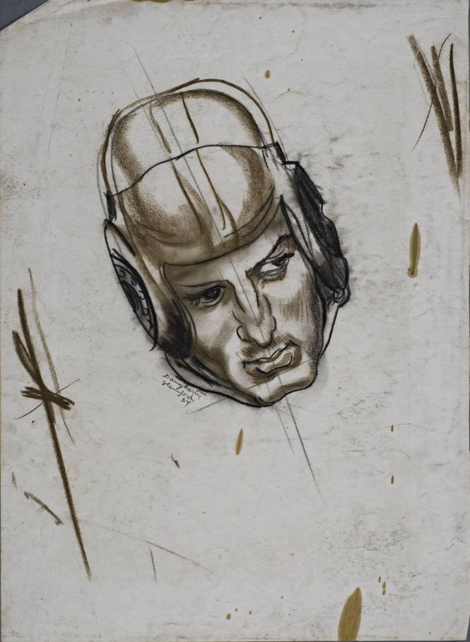 Untitled (Front face of a young man wearing a football helmet.)