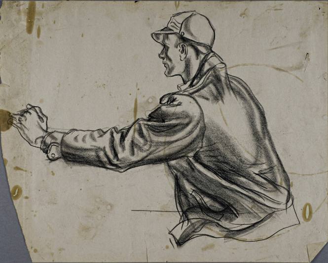 Untitled (Side profile of young man wearing a black jacket and cap.)