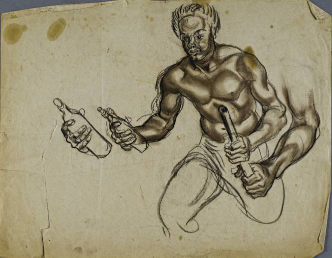 Untitled (Young man running, holding bottle in left hand and baton in right hand. Separate right hand study middle left of drawing. Separate left hand and arm holding baton.)