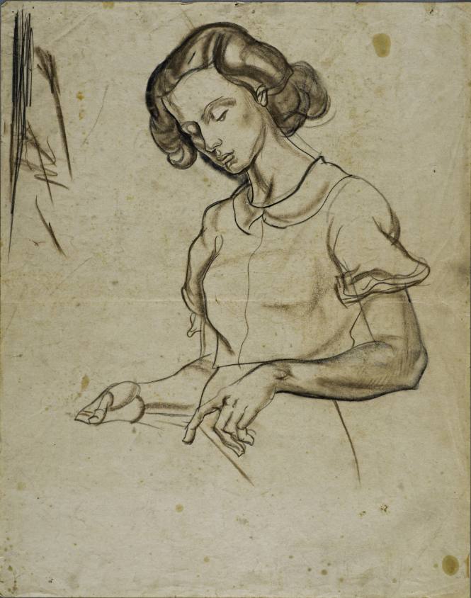 Untitled (Young woman holding a piece of paper and pointing downwards)