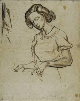 Untitled (Young woman holding a piece of paper and pointing downwards)