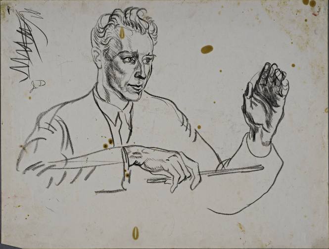 Untitled (Three quarter profile of an orchestra conductor. Left hand holding baton and reight hand raised.)