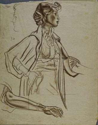 Untitled (Side profile of woman standing. Left arm extended and right hand on hip. Study on left arm and hand with bracelet lower left. Study of side profile of woman upper left.)