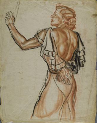 Untitled (Girl in back-less ruffled dress. She is holding her left arm up and her face is a side profile.)