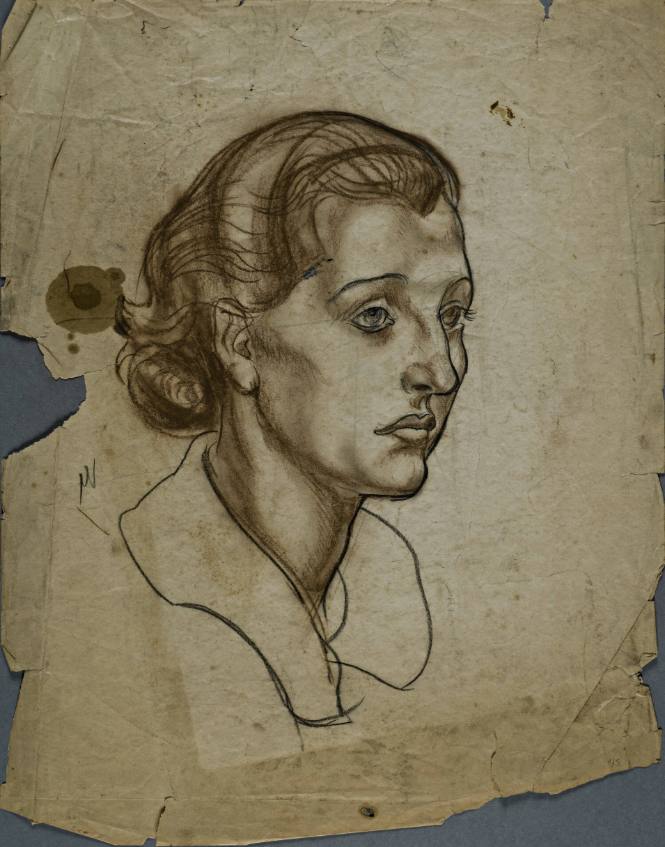 Untitled (Three quarter view of the right side of a woman’s head.  Large collar around her neck.)