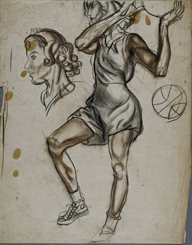 Untitled (Young woman in gym uniform throwing a ball. Studies of ball and head.)