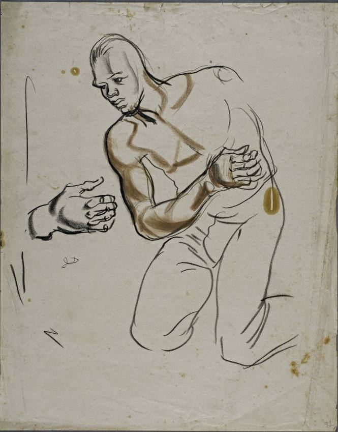 Untitled (Frontal view of man kneeling. Study of hand.)