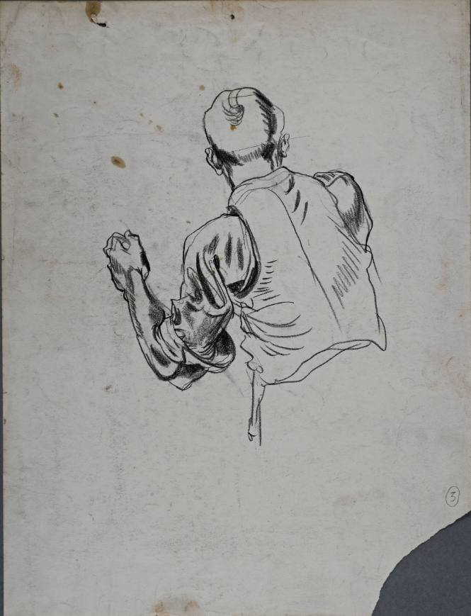 Untitled (Three quarter view of back of man’s head and torso. Left arm extended. )