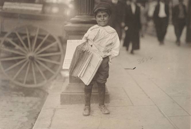 Untitled (Newsie with bundle of papers)