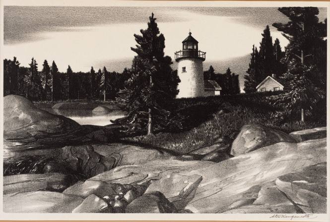 Lighthouse, rocks and pines