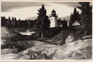 Lighthouse, rocks and pines