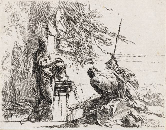 Capricci: A woman with her hands on a vase, a soldier and a slave