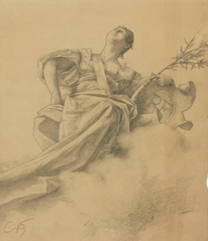 Figure study for a ceiling drawing: Woman with shield on cloud
