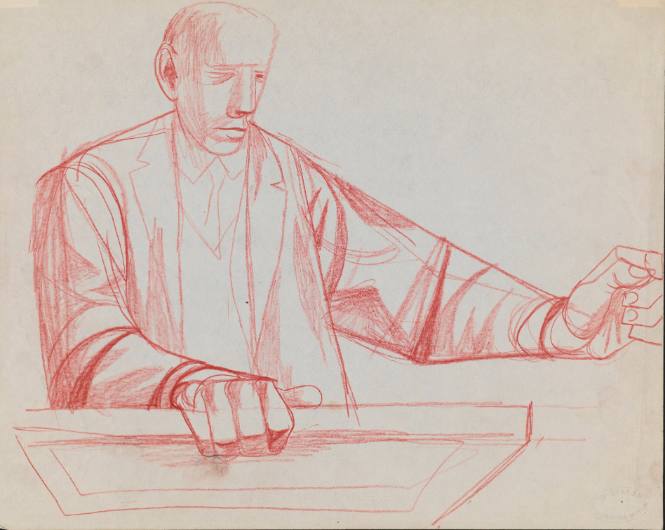 Architect, detail sketch for mural 1933, Building Golden Gate Bridge for Rincon Annex Post Office, San Francisco, California