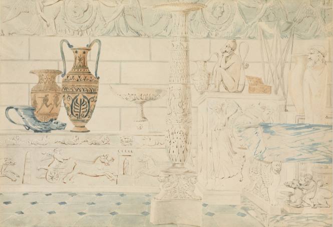 Classical Setting with Amphorae, Sculpture, Friezes, and a Decorative Column