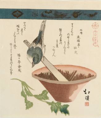 Facsimile of Warbler perched on a mortar and pestle