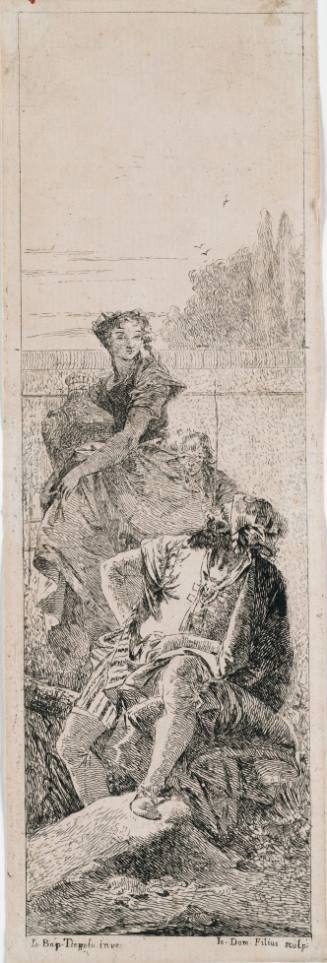 A Seated Man and a woman Carrying a Vase