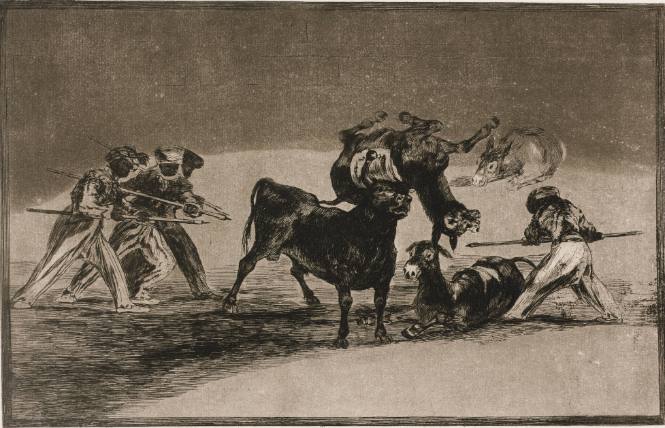 Palenque de los Moros hecho con burros para defenderse del toro emboldado (The Moors use donkeys as a barrier to defend themselves against the bull whose horns have been tipped with balls) from Tauromaquia