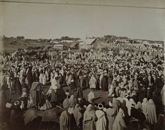 View of a market place with church-like structure in North America