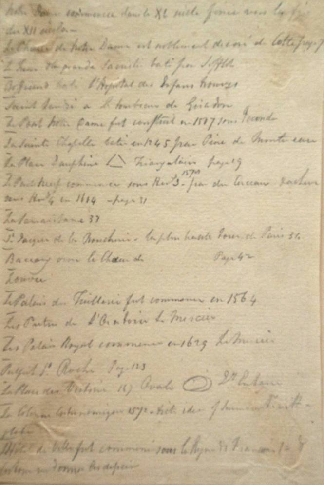 Names of buildings with dates and page numbers
