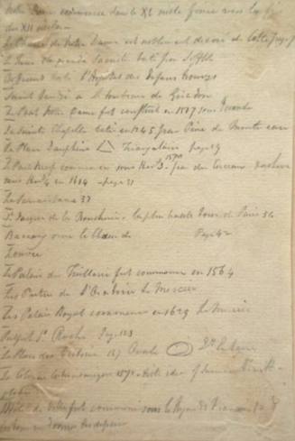 Names of buildings with dates and page numbers