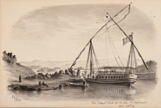 The"Sibyl" tied up in the first cataract, December 28th, 1874, from the album Tourbook of Africa: Our Winter in Egypt and Nubia, 1874-1875