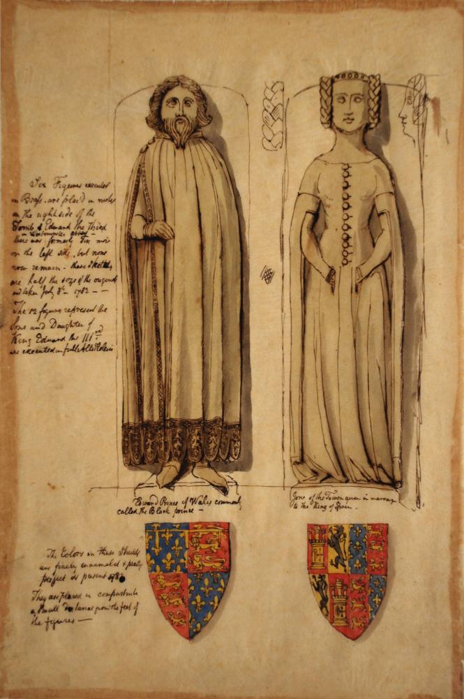Westminster Abbey, two figures and their shields:  Edward, Prince of Wales and Jane of the Tower