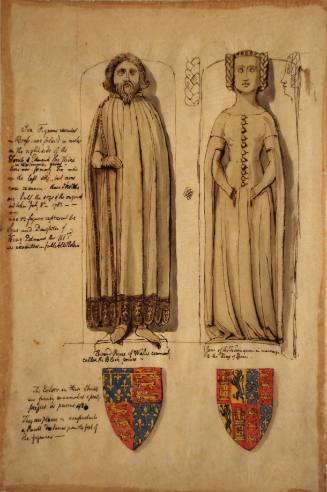 Westminster Abbey, two figures and their shields:  Edward, Prince of Wales and Jane of the Tower