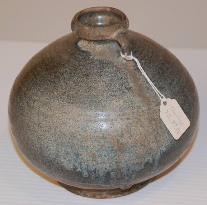 Chun style glazed jar with spherical body, slight neck and two loop handles