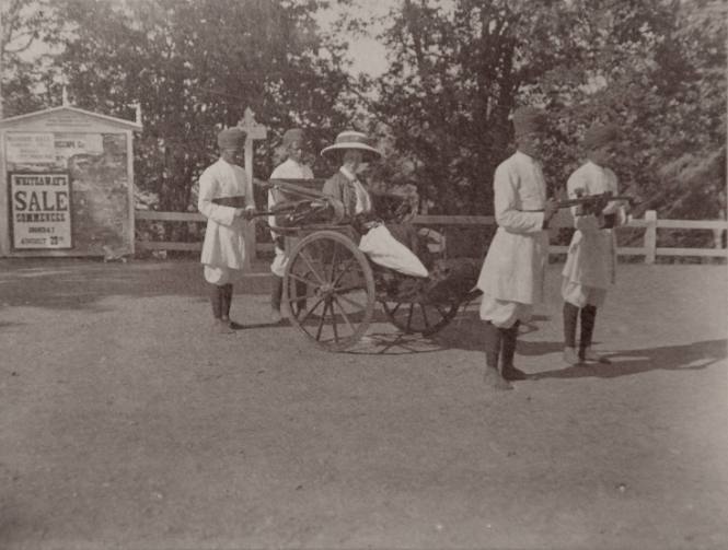 Joan Burrard in Ricksaw outside Cecil Hotel Sciula