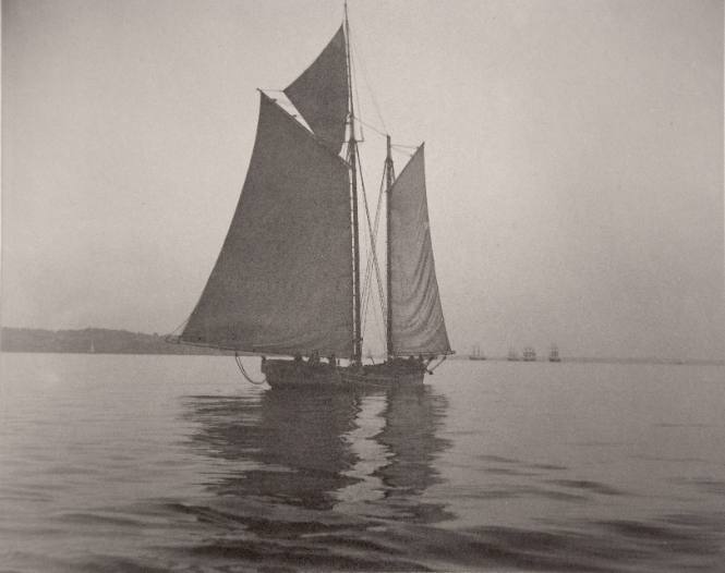 Twilight off Staten Island, oyster boat drifting with the tide