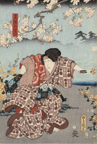 The actor Ichikawa Kodanji IV as the maid Meshitsukai Ohatsu fighting the lady-in-waiting with parasol Tsubone Iwafuji, played by actor Ichikawa Dajuro VIII, a scene from the kabuki play Hana To Mimasu Yayoi No Hatsuyaku